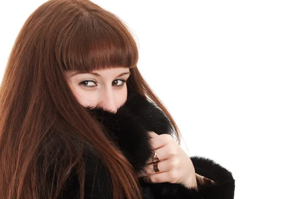 The girl in a black fur coat — Stock Photo, Image