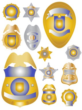 Twelve Gold Brass and Tin Police Badges Shields clipart