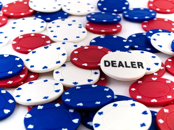 Red White and Blue Poker Chips and Dealer Chip — Stock Photo, Image