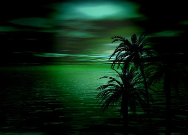 Yeşil deniz ve gökyüzü günbatımı ağaç silueti ile — Stok fotoğraf
