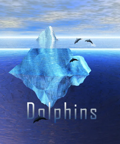 Ijsberg in de oceaan met pod van dolfijnen — Stockfoto