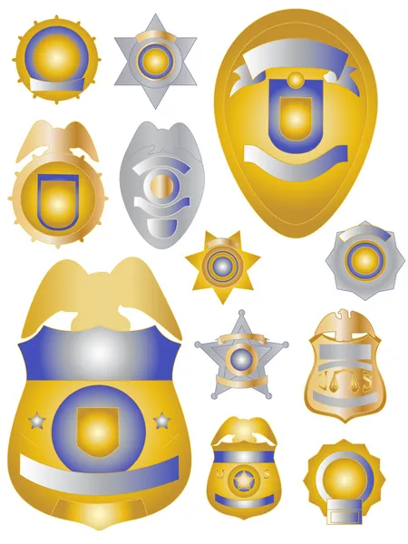 Twelve Gold Brass and Tin Police Badges Shields — Stock Photo, Image