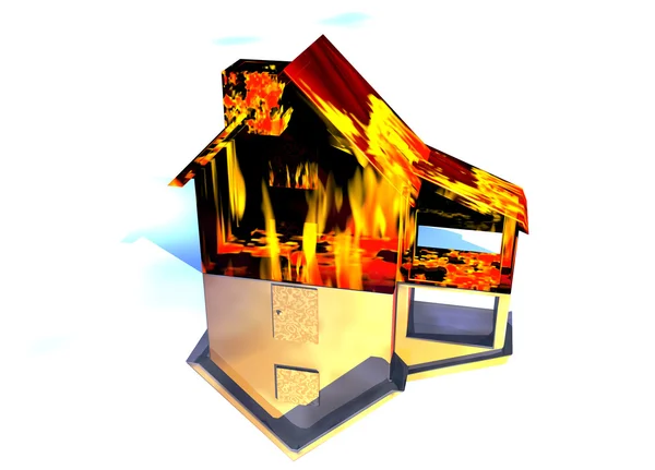 Czerwony dom na pożar domu na biało — Zdjęcie stockowe