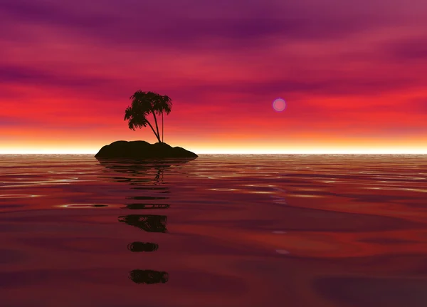 Пустынный остров с силуэтом пальмы — стоковое фото