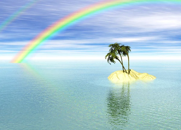 Романтический остров пустыни с пальмами и радугой — стоковое фото
