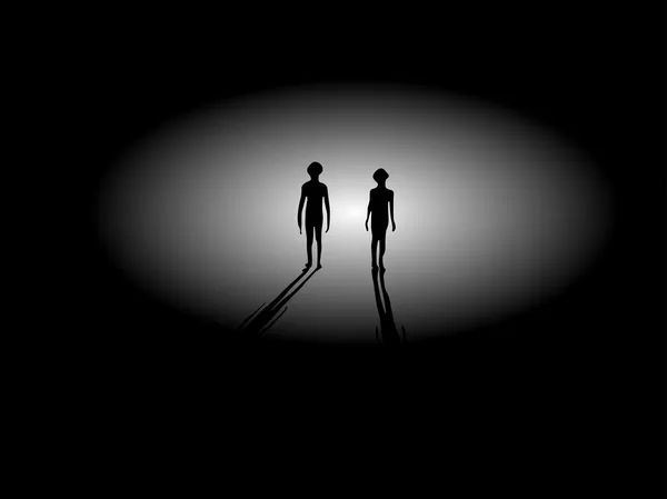 Duas silhuetas alienígenas andando da luz — Fotografia de Stock