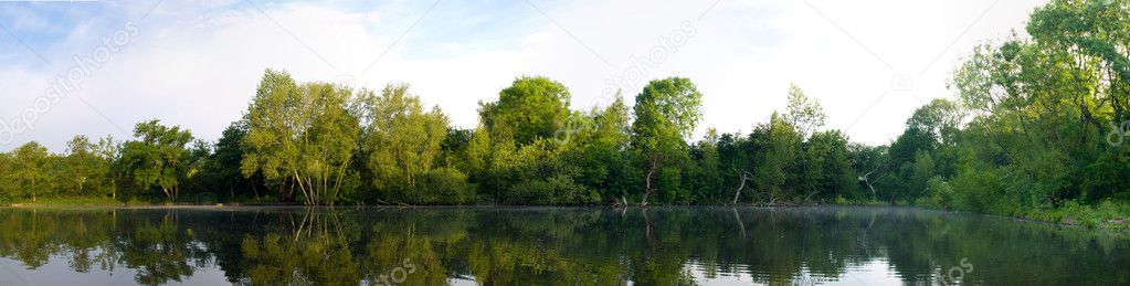 Panoramic Lake Pond With Trees and Reflection