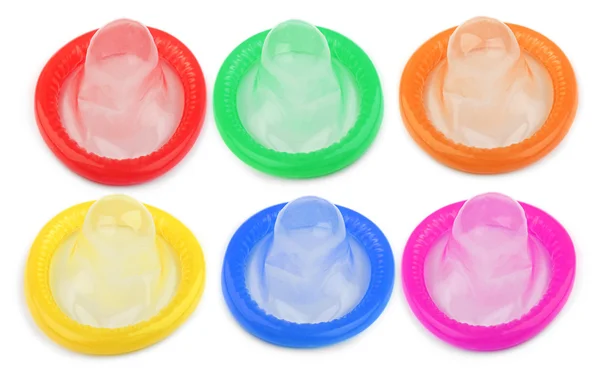 Six colorful condoms — Stock Photo, Image