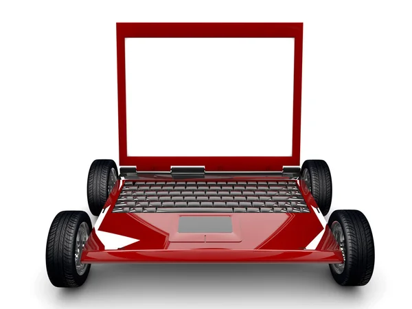 Laptop com pneus isolados sobre fundo branco — Fotografia de Stock