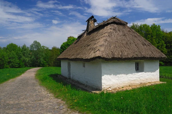 Сільських мальовничим видом з стародавній дерев'яного будинку, Пирогово, Україн — стокове фото