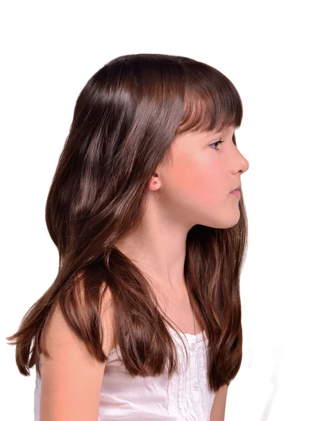 Profil portrét holčička s dlouhou krásné vlasy — Stock fotografie