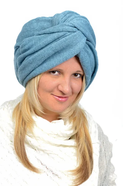 Portrait of the beautiful young woman in knitten turban — Stock Photo, Image