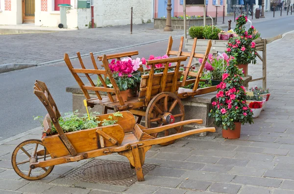 European town street with wooden flower pot — Stock Photo, Image