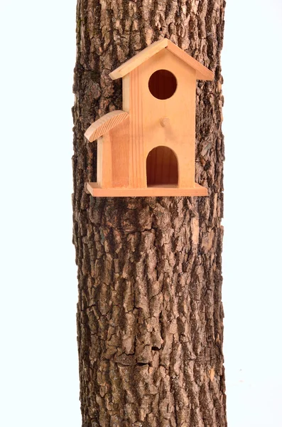 Modern starling-house on a tree trunk isolated — Stock Photo, Image