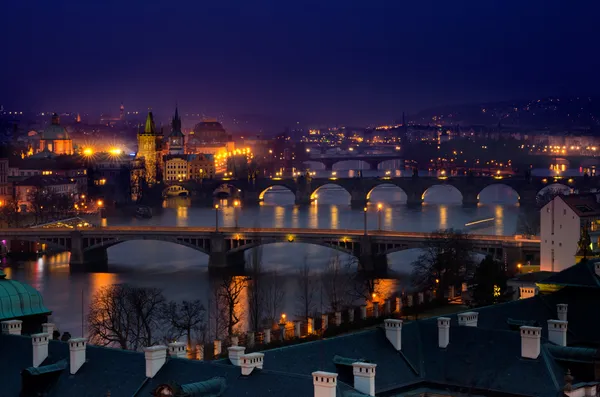 Pražské mosty noční panorama — Stock fotografie