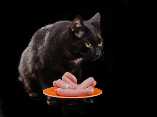 Gato negro y un plato de salchichas crudas sobre fondo negro — Foto de Stock