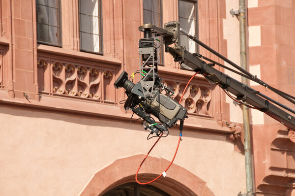 Professional video filming in city center in European town