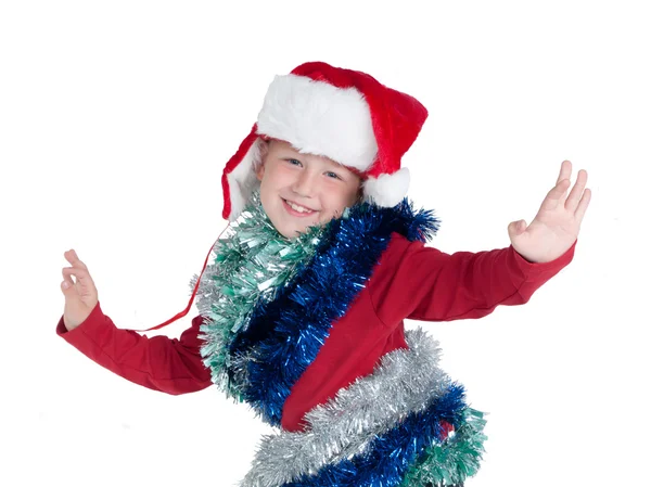 Glad liten pojke med santa hatt dans — Stockfoto