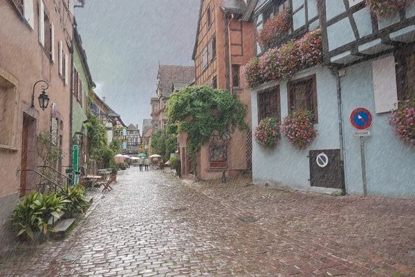 Staré Evropské dlážděné ulice, Alsasko, Francie — Stock fotografie