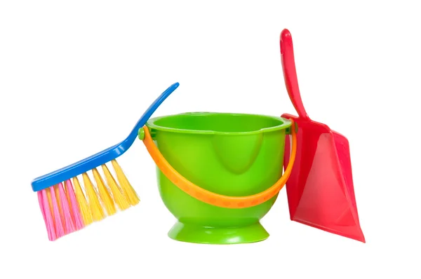 Group of tools for cleaning (dustpan, bucket and brush) isolated on white b — Stock Photo, Image
