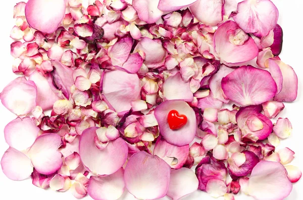 Pétalos de rosa y fondo corazón rojo —  Fotos de Stock