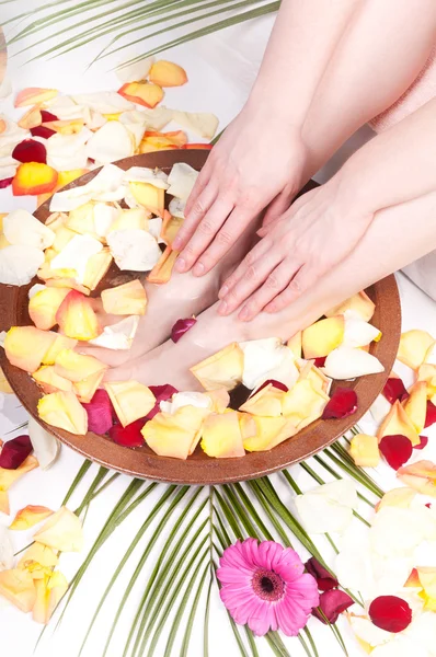 Pedicure en manicure spa met bloemblaadjes en bloemen — Stockfoto