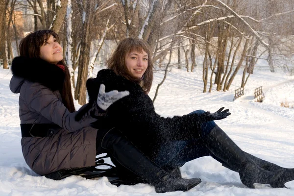 Δύο φίλες περπάτημα στο πάρκο το χειμώνα — Φωτογραφία Αρχείου