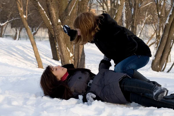 Deux amies marchant dans le parc en hiver — Photo