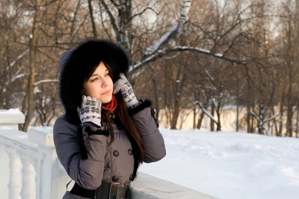 Retrato de uma menina andando no parque no inverno — Fotografia de Stock