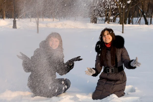 Twee vrouwelijke vrienden wandelen in het park in de winter — Stockfoto