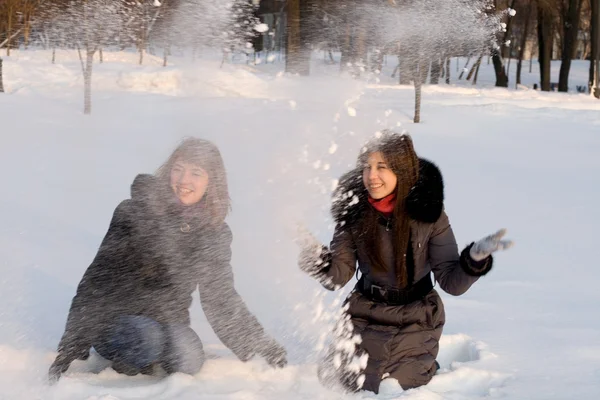 Two female friends walking in park in winter — Stock Photo, Image