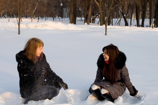 Two female friends walking in park in winter — Stock Photo, Image