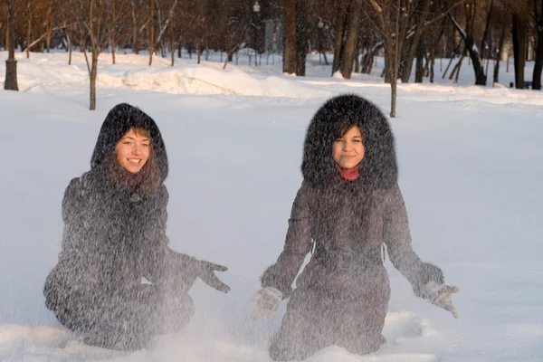 Twee vrouwelijke vrienden wandelen in het park in de winter — Stockfoto