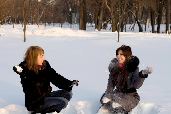 Dua teman perempuan berjalan di taman di musim dingin — Stok Foto