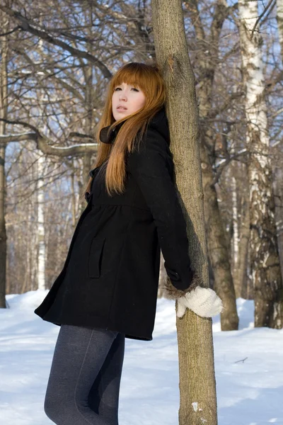 小女孩在冬天走在公园的肖像 — 图库照片