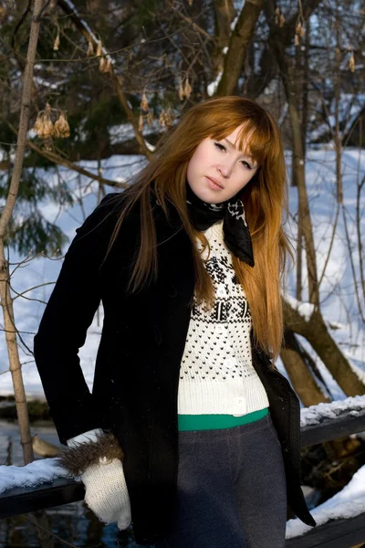 Ritratto di una ragazza che passeggia nel parco in inverno — Foto Stock