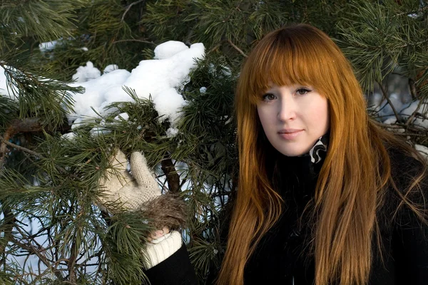 Portret van een meisje, wandelen in het park in de winter — Stockfoto