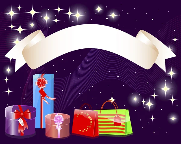 Holiday bakgrund med en banderoll och gåvor. — Stock vektor