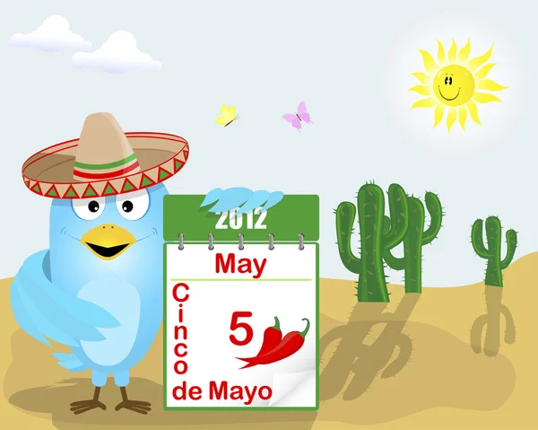Cinco de mayo. blauwe vogel met een kalender. — Stockvector