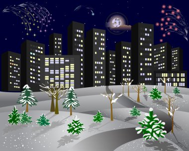 Winter city with a fireworks. clipart