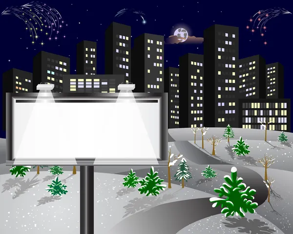 Ville d'hiver avec un panneau d'affichage . — Image vectorielle
