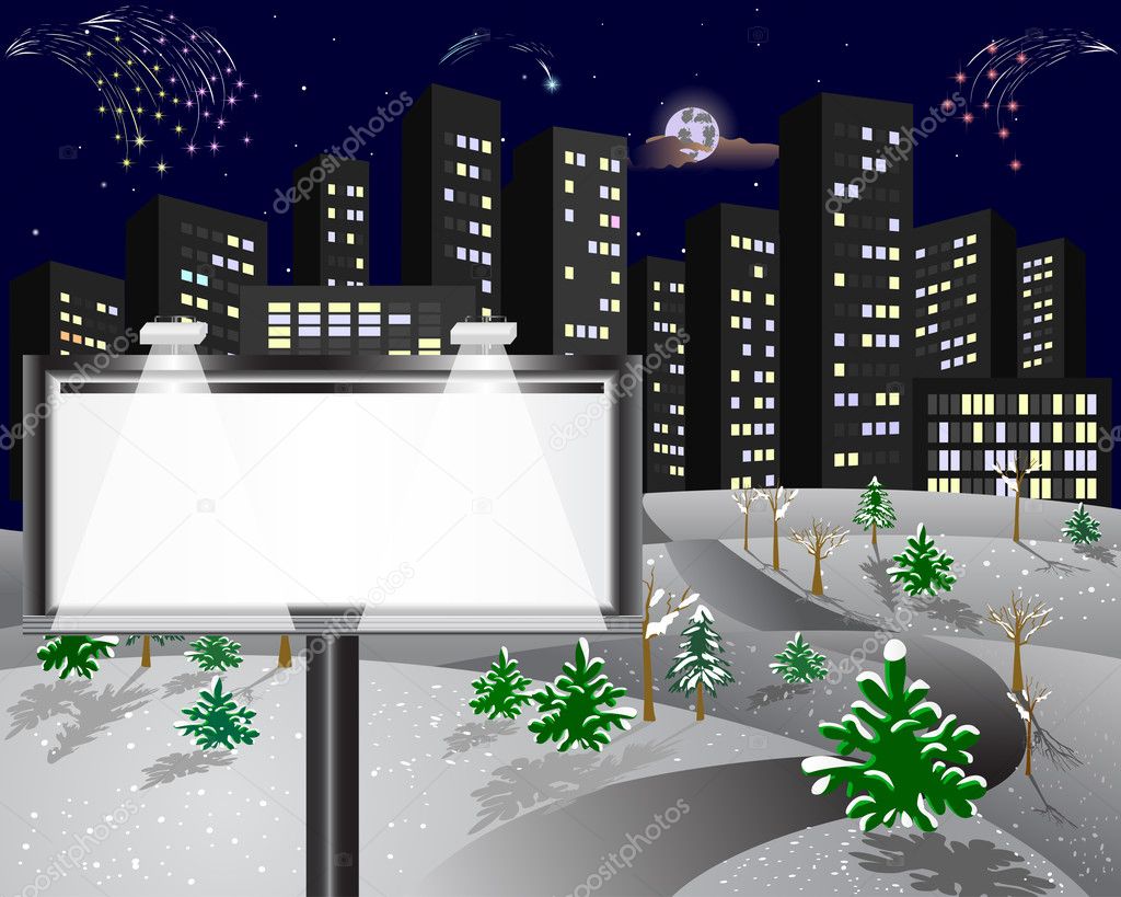 Winter city with a billboard.