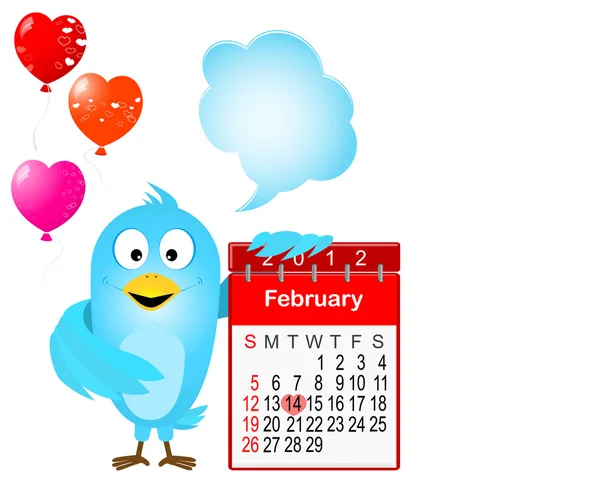 Blauwe vogel met een pictogram van een kalender voor februari 2012. — Stockvector