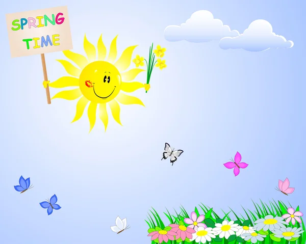 Tersenyum matahari dengan papan nama "Musim semi waktu ." - Stok Vektor