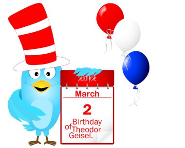 Blue Bird in a striped hat with icon a calendar. clipart