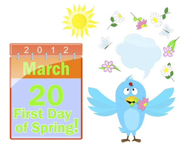 Primo giorno di primavera. Calendario e uccello blu . — Vettoriale Stock