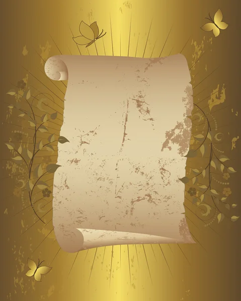 Vintage paper scroll on grunge gold background. — Stock Vector