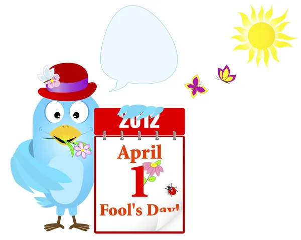 April fools' day. blauwe vogel met een kalender. — Stockvector
