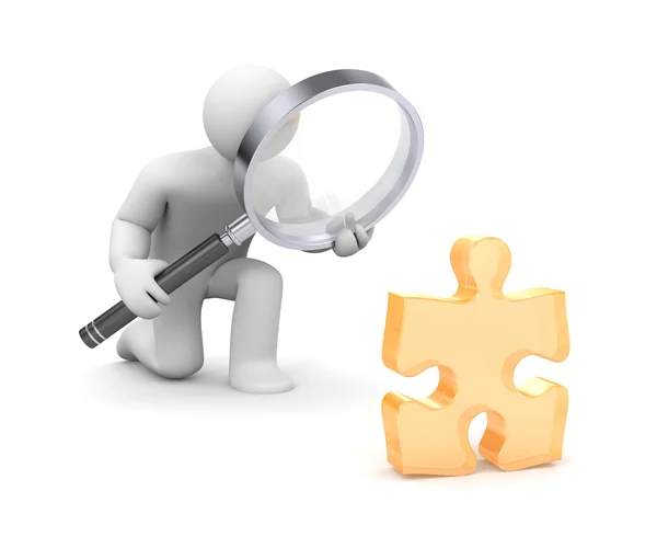 3d person with magnify glass examines puzzle — Stock Photo, Image