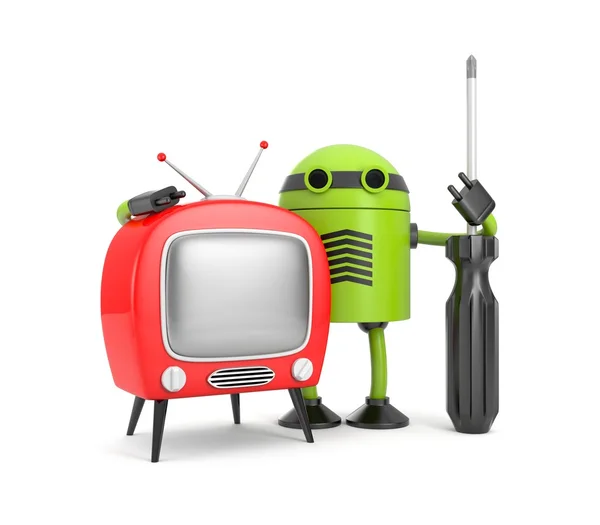 Roboter mit Fernseher. Reparaturbot — Stockfoto